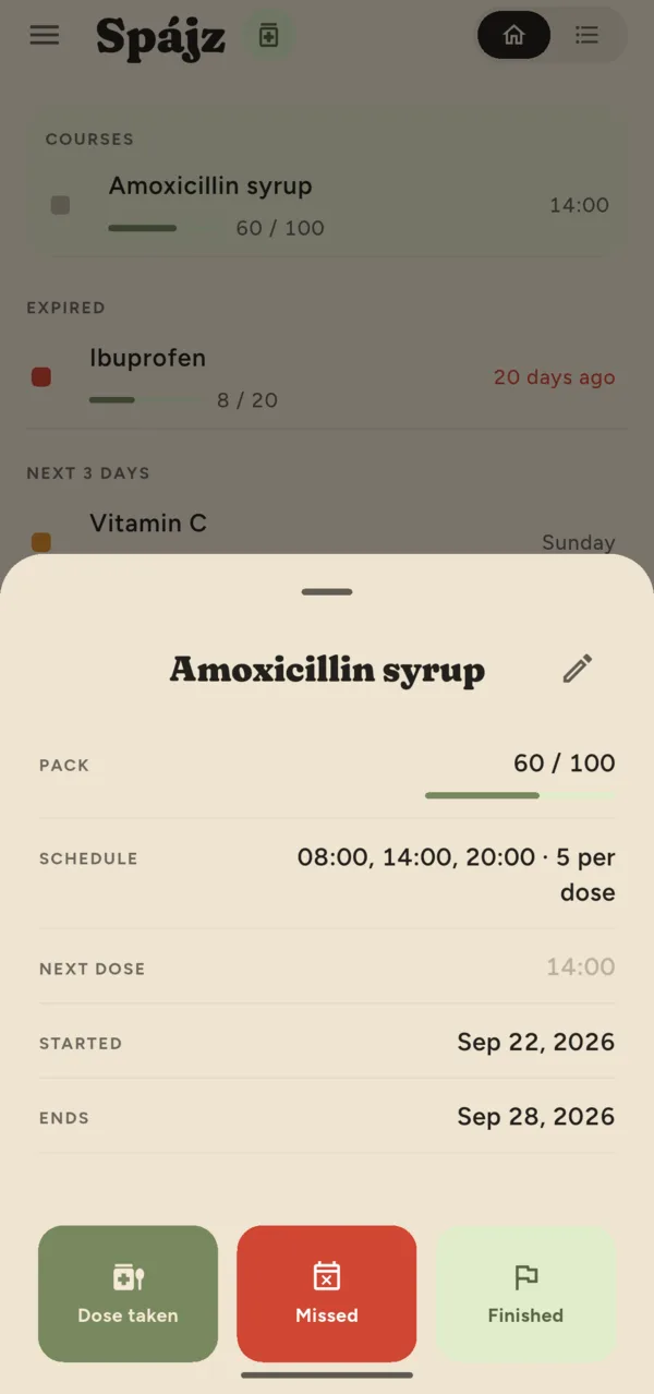 A medicine course: the pack, the schedule, the next dose, and buttons for Dose taken, Missed and Finished.