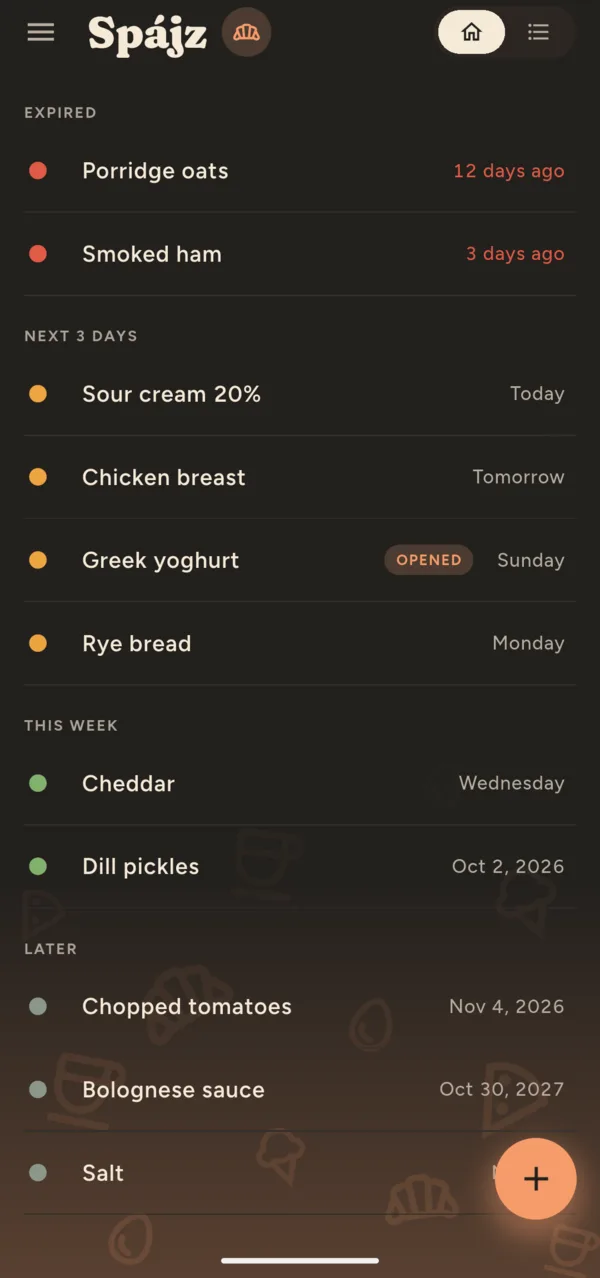 The food list in the dark theme.