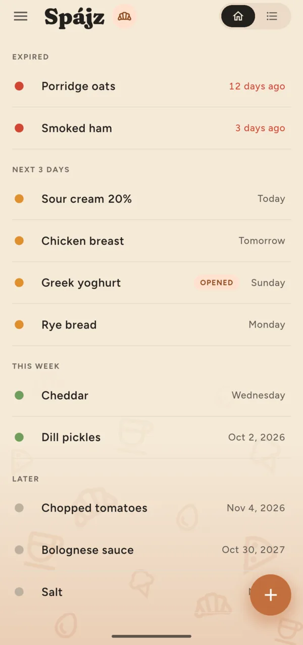 The food list, grouped into expired, the next three days, this week and later.