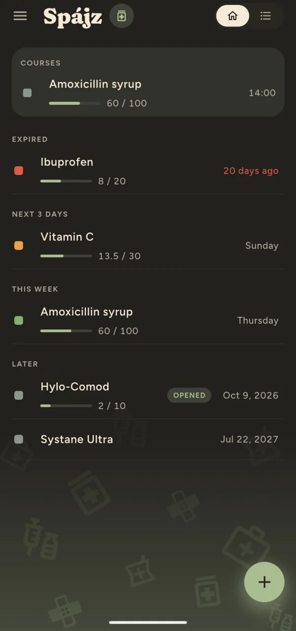The medicine list in the dark theme.