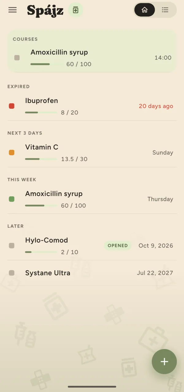 The medicine list, with a running course at the top and packs showing how much is left.