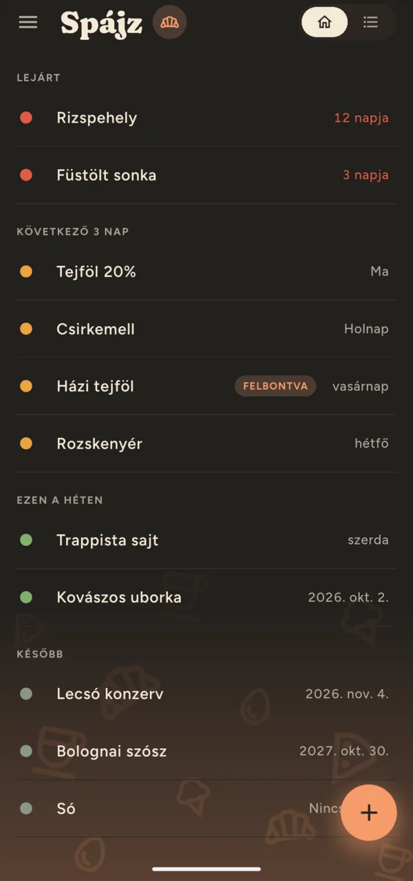 Az ételek listája sötét témában.