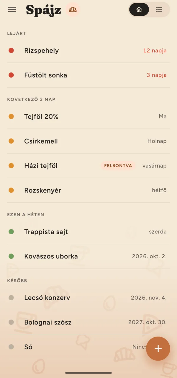 Az ételek listája: lejárt, következő 3 nap, ezen a héten, később.