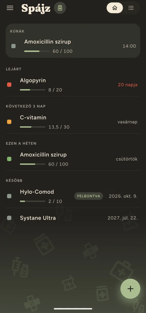 A gyógyszerek listája sötét témában.